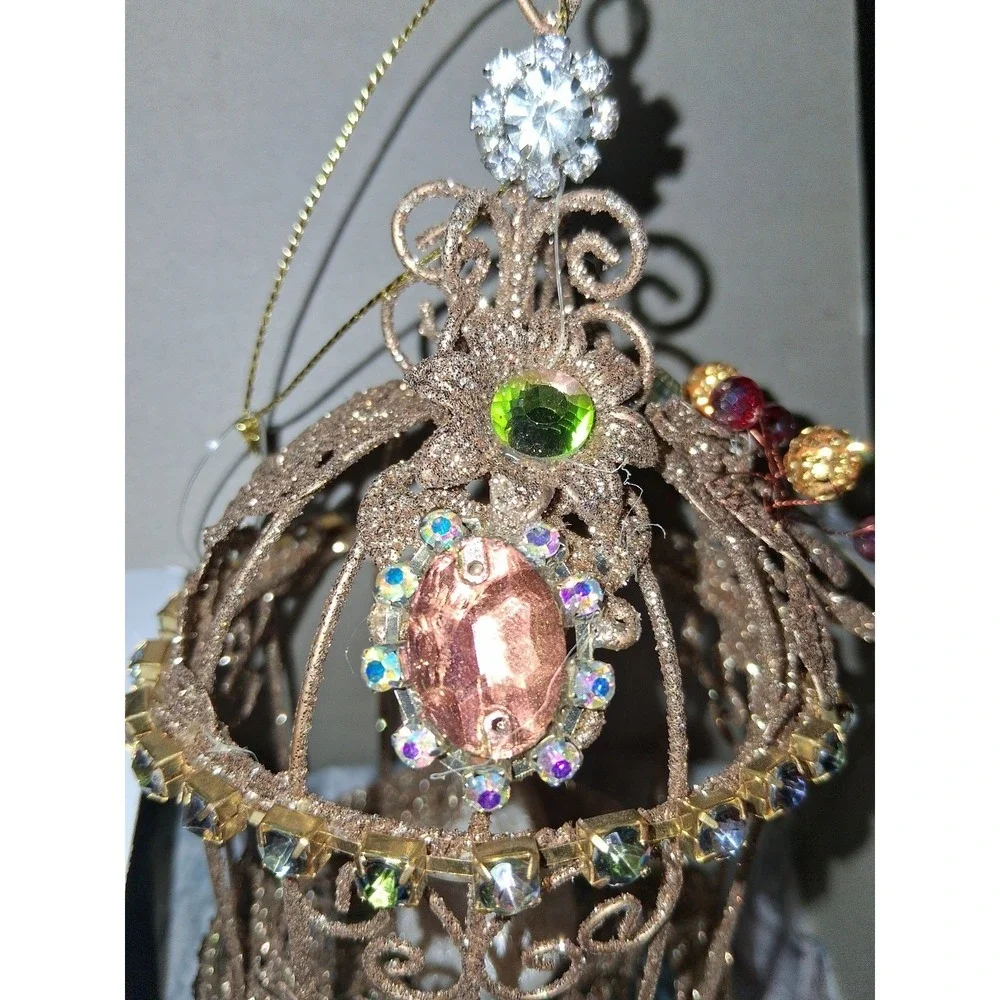 Jeweled Birdcage Christmas Ornament White Bird Rhinestone Prisms 7
